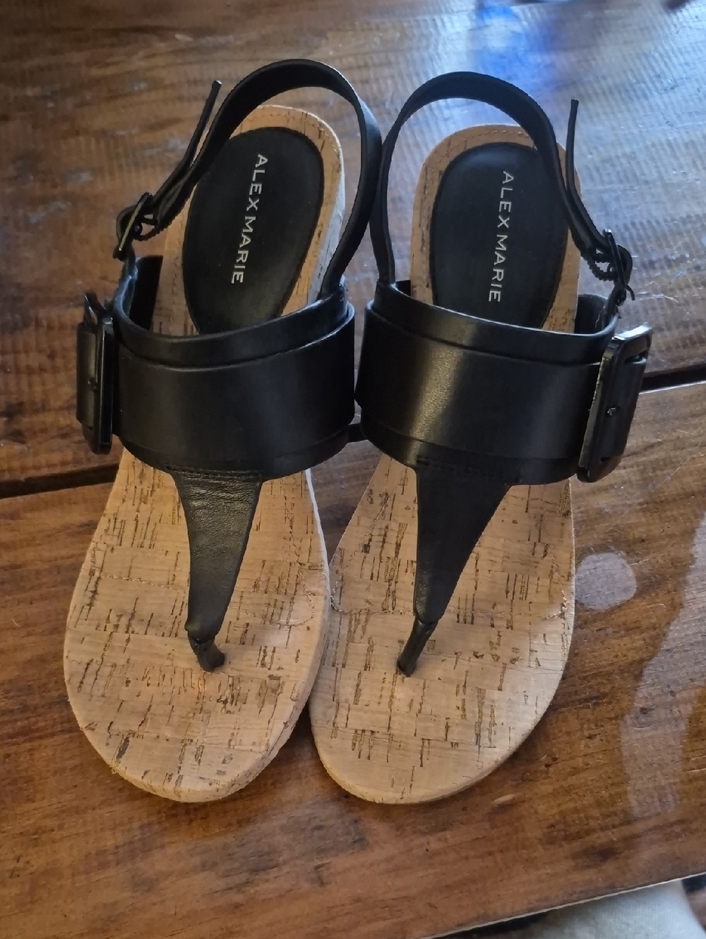 Alex Marie Black Thong Sandals with Cork-Style Footbed and Buckle
